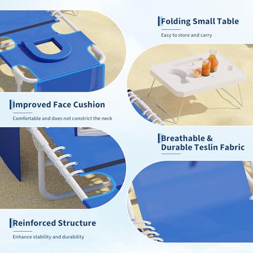 GarveeLife Tanning Chair with Face Hole, 3-in-1 Outside Beach Lounge Chair Outdoor with Folding Table, 5 Reclining Positions and Removable Pillow for Beach Pool Lawn Yard Patio, Max 330lbs (Blue)