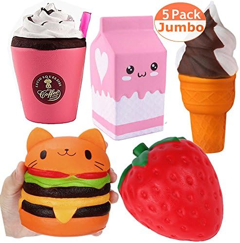 Qvatox Jumbo Slow Rising Squishies Squeeze Soft Hamburger Ice Cream Strawberry Milk Coffee Kawaii Scented Soft Food Fruit Relief Stress Gifts Toys 5-Pack