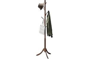 kiplant Bamboo Wood Coat Rack Stand, Freestanding Coat Tree with 8 Hooks, Hallway Entryway Hat Hanger Organizer Standing for Bedroom, Office, Clothes, Jackets, Bags, Umbrallas