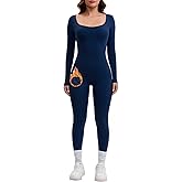 AEEZO Womens Fleece Lined Scoop Neck Long Sleeve Jumpsuit Thermal Sexy Tummy Control Ski Snow One Piece Bodycon Playsuit