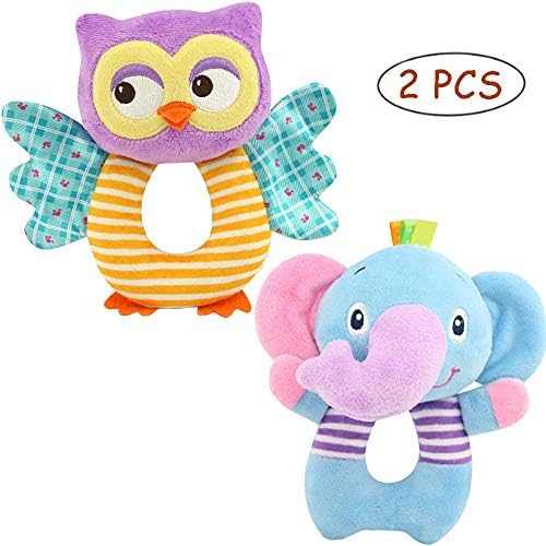 FOREAST Hand Grasp Baby Rattles Toys Soft Animal Doll 2 Pcs Set (Elephant and Owl) Newborn Gift for 0-3 Years Boys / Girls