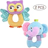 FOREAST Hand Grasp Baby Rattles Toys Soft Animal Doll 2 Pcs Set (Elephant and Owl) Newborn Gift for 0-3 Years Boys / Girls