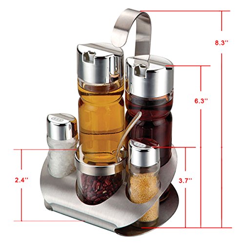 VDOMUS Glass Cruet Set with Stand Oil Vinegar Dispenser Salt and Pepper Shaker Bottles Serving Set Picnic Table Condiment Server Holder, 5 piece