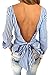 Simplee Apparel Women's Long Sleeve Backless Striped Blouse Shirt with Belt Blue