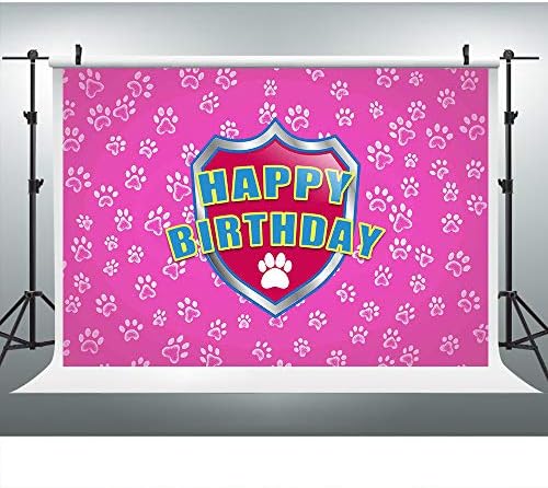Paw Prints Pink Photography Backdrop for Girl Patrol Paw Birthday Party, 7x5FT, Cartoon Puppy Dog Print Background, Birthday Cake Table Banner Photo Booth Studio Props LHLU408