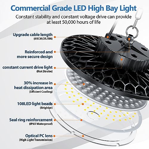 TOPAUBUB 100W UFO LED Interior Ceiling Spotlights, 4 Pieces, LED Ceiling Lamps 10000LM IP65 6500K with Metal Chain 30 cm, Driver, Industrial Spotlight for Garage