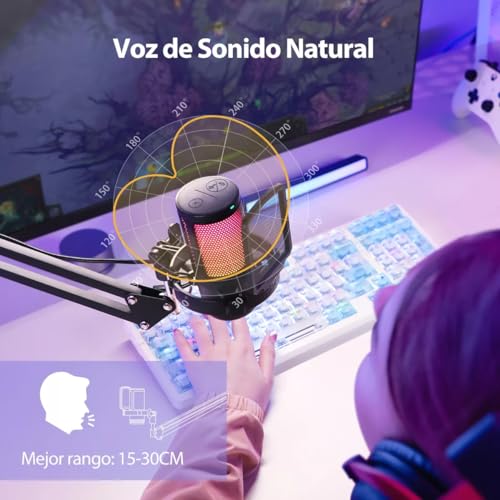 MAONO Microfono USB para Gamer, micrófono Condensador con cancelación de Ruido, Silencio, Ganancia, monitoreo, Brazo para Streaming, Podcast, Youtube, PC, computadora, PS4,PS5, Mac, GamerWave, DGM20S