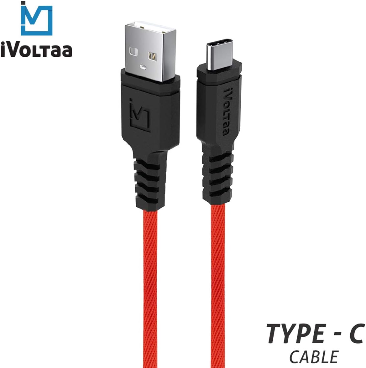 iVoltaa Rugged MK2 Extra Tough Unbreakable Braided Type C to USB-A Cable - 4.9 Feet (1.5 Meters) - (Red)