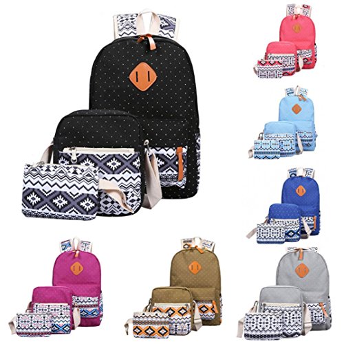 Coohole Girl Canvas Shoulder School Bag Backpack+Crossbody Tote Bag+Clutch Purse (Black)