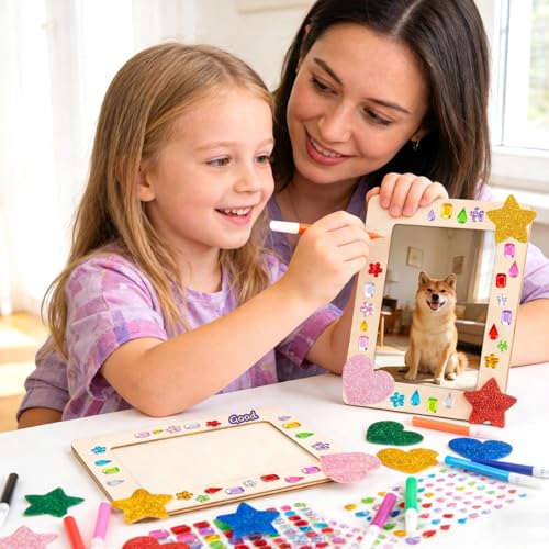 Tuxvealu 10 Pcs Photo Frame Decoration for Children, 19 x 14 cm Wooden Frames for Crafts, DIY Photo Frame with 12 Markers and Stickers, Ideal for Children's Birthdays, Crafts