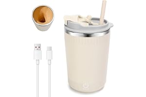 Yummy Sam Self Stirring Coffee Mug with Silicone Straw, 13.5 Oz Rechargeable Milk Coffee Mixing Cup, Electric Automatic Cocoa Hot Chocolate Juice Mixer Tumbler with Lid for Home Office Gym (White)