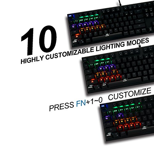 Mechanical Gaming Keyboard, Rockjame 104 Keys Anti-Ghosting LED Backlit Multiple Color Rainbow Blue Switch USB Wired Typing Gaming Illuminated Keyboard for PC Mac Gamers Typist