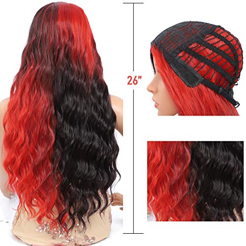 Amchoice Black Red Ombre Wigs for Women Long Curly Wavy Hair Wig Cute Fashion Heat Resistant Synthetic Wigs for Daily Party Cosplay Halloween 26 Inch