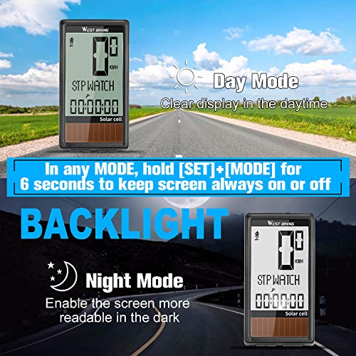 Bike Computer Solar Energy 5 Languages Display, Wireless Waterproof Cycling Speedometer A/B Bicycle Recording, Automatic Wake-up Multi-Functions Cycle Odometer with LCD Backlight, Cycling Accessories