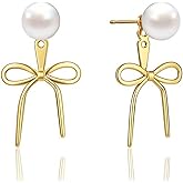 NALISASA Bow Earrings, Pearl Earrings for Women, Trendy 14K Gold Plated Stud Earrings for Women, Twist Rope Bow Stud Pearl Dangle Earrings Jewelry Gifts for Women