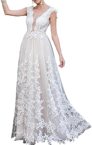 Cloverdresses Floor Length Deep V Neck Backless Lace Wedding Dress Bridel Gowns for Women