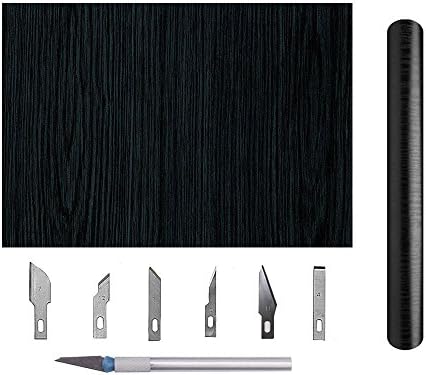 XWZN Black Wood Grain Contact Paper - Peel and Stick Self Adhesive Decorative Shelf Liner Paper for Home and Office, Waterproof, Stain-Resistant, 15.7''x196.8'', with Craft Knife Set