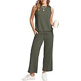 WIHOLL Two Piece Set for Women Summer Outfits Vacation Lounge Sets Round Neck Matching Sets Wide Leg Crop Pants