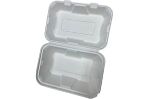 CKDCARES | [50 COUNT] 9 X 6" White Compostable Rectangular Hinged Container, Made of 100% Sugarcane, Single Compartment Clams