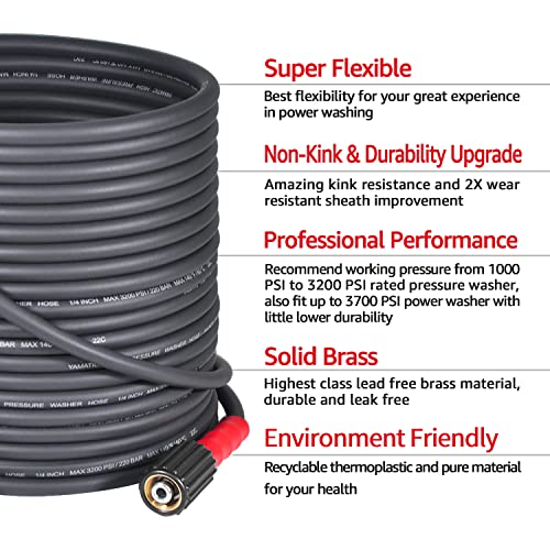 YAMATIC Super Flexible Pressure Washer Hose 25FT X 1/4" 3200 PSI, Kink