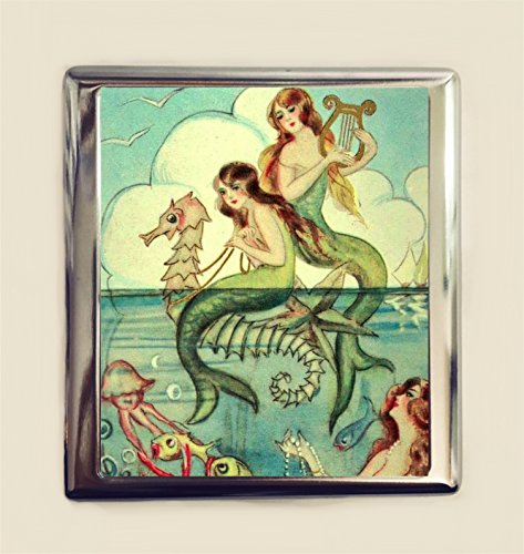Mermaid Harps Cigarette Case Business Card ID Holder Wallet Seahorse Art Deco Illustration Nautical