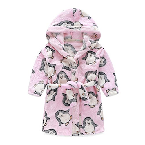 Kylin Express Kids Hooded Plush Robe Soft Bathrobe Cartoon Bathrobe Warm Robe Pink Penguin