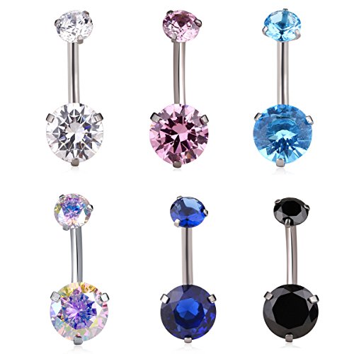 14G Surgical Steel Belly Button Ring Navel Rings Round Cubic Zirconia Barbell Stud Piercing (6 Pcs Set of 6 Color)