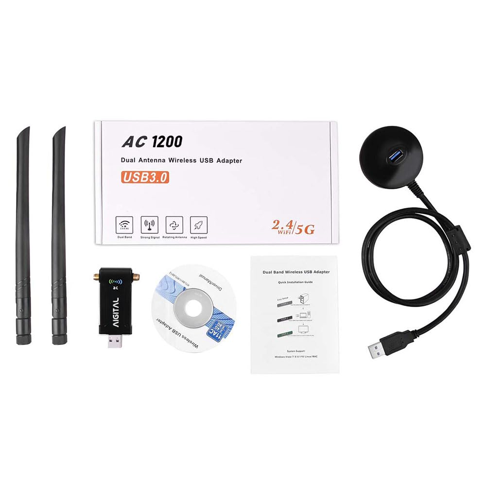 WLAN Adapter 1200Mbit/s, WLAN USB Stick DualBand 867Mbit/s (5GHz), 300Mbit/s (2,4GHz) WLAN Empfänger mit 2*5dBi Antenne und USB 3.0-Dockingstation mit 65cm kable für PC Desktop Laptop Windows/Mac OS 8