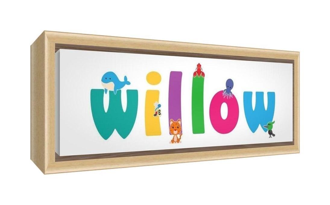 Feel Good Art Framed Box Canvas with Solid Natural Wooden Surround in Cute Illustrative Design Girl's Name (25 x 63 x 3 cm, Medium, Willow)