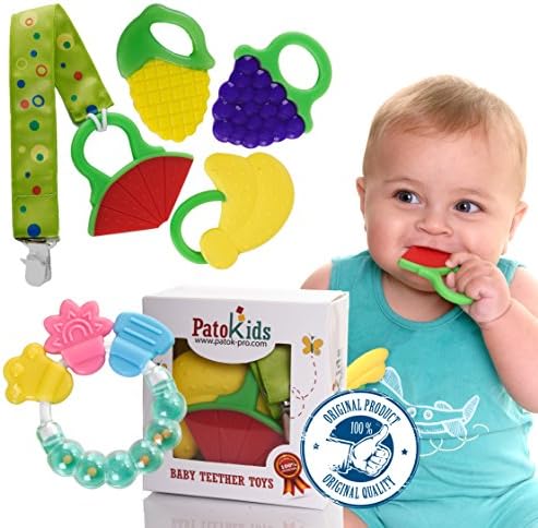 Baby Teething teether Chew Toys, organic teether baby tooth toy frozen toys Safe Teether,BPA Free Natural, free bonus:1 Rustling Toy & 1 Teether Holder (6 Pack) By PatoKids.