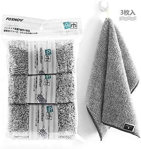 Foxnov ふきん食器用 マイクロファイバークロス ぞうきん 吸水 速乾 厚手 台ふきん 吊り下げループ付き 家庭用 お掃除 引っ越し祝い 3枚入り 30cm 27cm