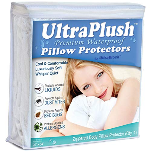UltraPlush Premium Waterproof Pillow Protector - Hypoallergenic and Bed Bug Proof Zippered Pillow Case - 1 Pack - Super Soft and Quiet (Body Size 20 inches x 54 inches)