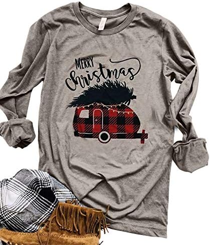 Beopjesk Womens Merry Christmas Plaid Car T-Shirt Long Sleeve Letters Print O-Neck Casual Graphic Tees Tops