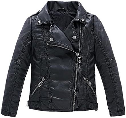 Pupik, Kids Red Black Faux Leather Diagonal Zipper Turndown Collar Biker Jacket, Black 3T