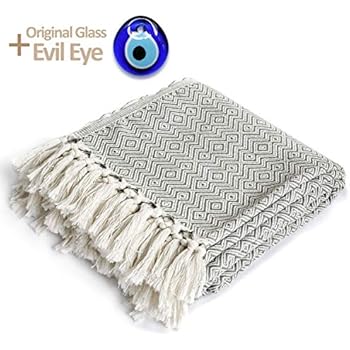 Luxury Throw Blanket with Fringe 100% Cotton Lightweight for Chair, Couch, Boho Farmhouse Rustic Decor. Turkish Towel Ultra-Soft + Evil Eye Beach Bath Spa Sauna Gym Yoga Picnic