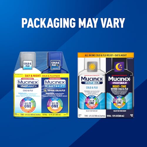 Mucinex Fast-Max Cold and Flu & Nightshift Medicine for Adults, Over-The-Counter Medication Combo Pack for Sore Throat Relief, Decongestant, Cough & Cold Medicine (2 x 6 Fl Oz)