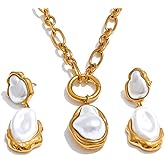 Mchic Chunky Jewelry Set for Women Elegant: 18K Real Gold Plated Stainless Steel Baroque Pearl Necklace and Earrings, Wedding Jewelry Set for Brides and Bridesmaids, Statement Pearl Jewelry Pack