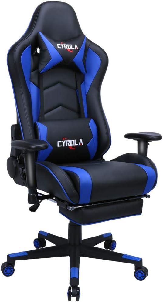 Cyrola Large Gaming Chair with Footrest High Back Adjustable Armrest Heavy Duty Computer Racing Gaming Chair for Adults Gamer Chair Ergonomic Design Video Game Chair Lumbar Support Blue/Black