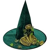 Furimuk Halloween Green Witch Hat Floral Vine Decor Wizard Hat for Women Costume,Large Brim Tree Topper Headwear for Halloween Cosplay Elegant Masquerade Dress Accessories
