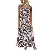 DondPO Women Vintage Bohemian Folk Dresses Summer V-Neck Boho Sleeveless Floral Printed Plus Size Beach Maxi Dress