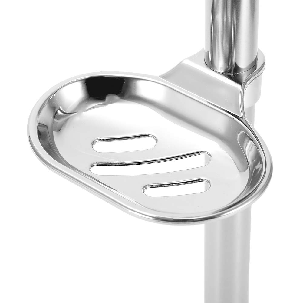 Stainless steel shower head holder for hand showers, 1 x shower rod + 1 x soap holder + 1 x push button holder + 2 x screws + 4 x screw cap.