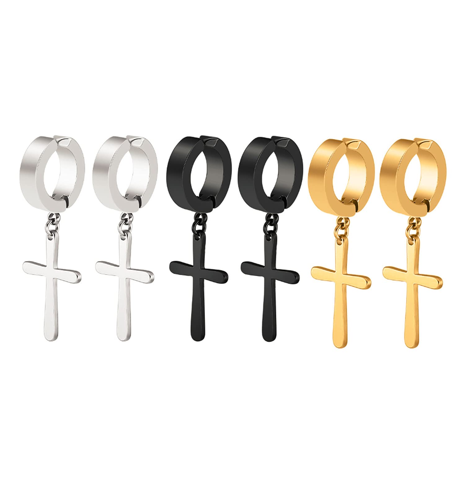 Men's Non-pierced Clip On Cross Hoop Earrings Set of 3 Stainless Steel Prayer Fake Dangle Earrings Christmas Easter, 3 Pairs