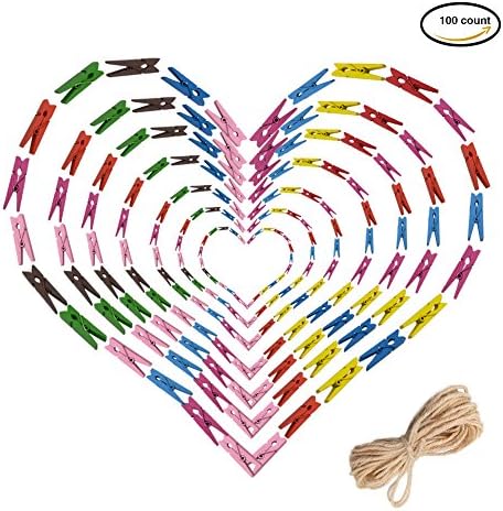 NEW RETAIL LI Mini Colored Natural Wooden Clothespins Photo Paper Peg Pin Craft Clips with Jute Twine, Approx 100 Pieces (100)