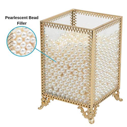 Houseables Makeup Brush Holder, Cosmetic Organizer, 4”W x 5.5”H, White Pearls, Brass Jar, Glass Panels, Dressing Table Accessories, Decorative Vanity Storage, Gold Cup, Clear Countertop Container - Thumbnail 3