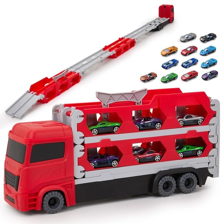 Qivange 12-Piece Race Car Transport Truck Set, Portable Car Carrier Toy | Transport Truck Toy Cars for Toddler & Kids Ages 2-5 for 3+ Year Olds