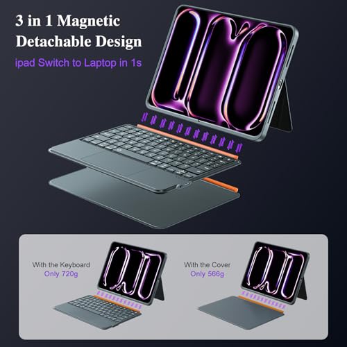 iPad Pro 13-inch Case with Keyboard (M5 2025, M4 2024), Magnetic Detachable Backlit, Multi-Touch Touch Panel, Horizontal/Vertical, 160° Adjustable Stand, Slim Protective Case (Grey)
