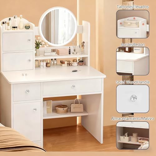 Vabches Tocador con Luces LED Regulables, Mesa de Maquillaje con 2 cajones, 3 Puertas y 1 Estante, Espejo de Pantalla táctil con iluminación Regulable,Tocador para Dormitorio(Blanco)