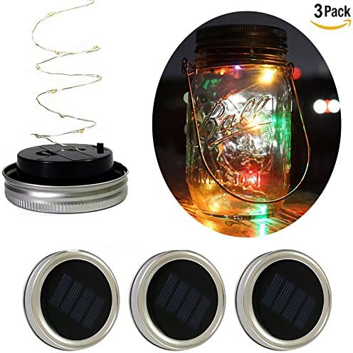 3Pack-Solar Mason Lids Insert-LED Solar Light for Glass Mason Jars with 20 Solar LED String Fairy Lights Screw on Silver Lids for Mason Jar Decor Patio Garden Path Decoration Lights (Colorful-3)