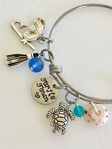 Snorkel Bangle, Scuba Diving Bracelet, Snorkeling Bangle, Hand Stamped "Turtle Town", Sea Turtle Charm Bracelet, Sea Glass, Hawaiian Puka Shell, Skin Diving, Turtle Lover, Scuba Diver Gift.