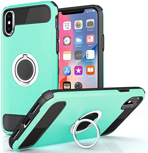 iPhone X Case Dual Layer Silicone Rubber Hybrid Durable Shockproof Bumper Protective Anti-Scratch Impact Resistant Cover with Ring Kickstand (Blue)